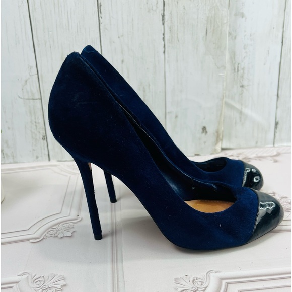 H BY HALSTON WOMEN'S BLUE SUEDE CAP TOE STILETTO PUMPS SIZE 7.5 M - Picture 4 of 7